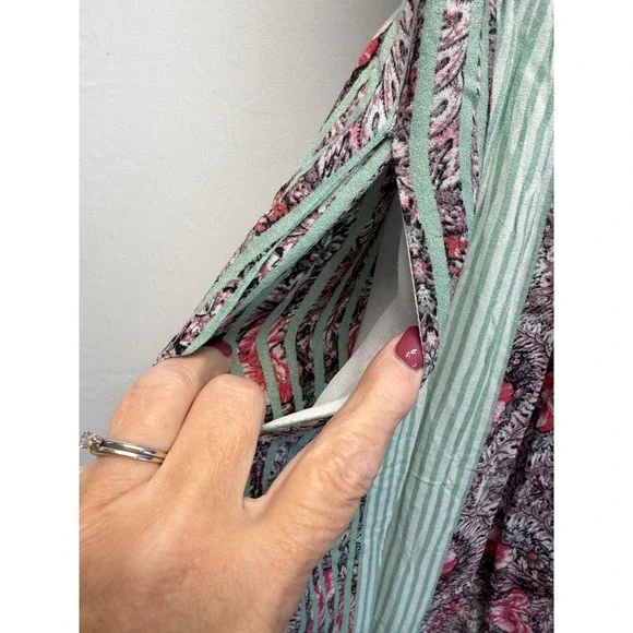 Free People Boho Floral Striped Maxi Dress Sage Green Pink Cutout Back Pockets - Picture 2 of 11
